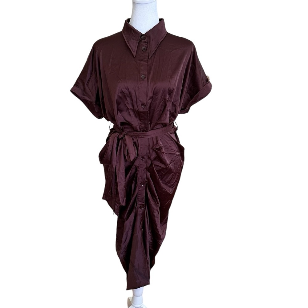Rivir Women’s Short Sleeve Ruching Satin Dress Burgundy Size 1 NWOT